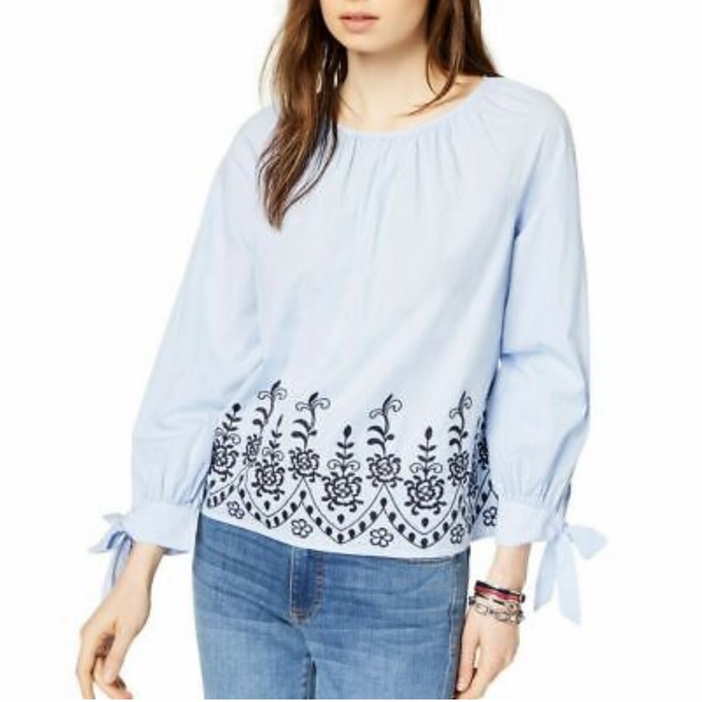 New Tommy Hilfiger Blue & White Striped Cotton Embroidered Top Blouse
